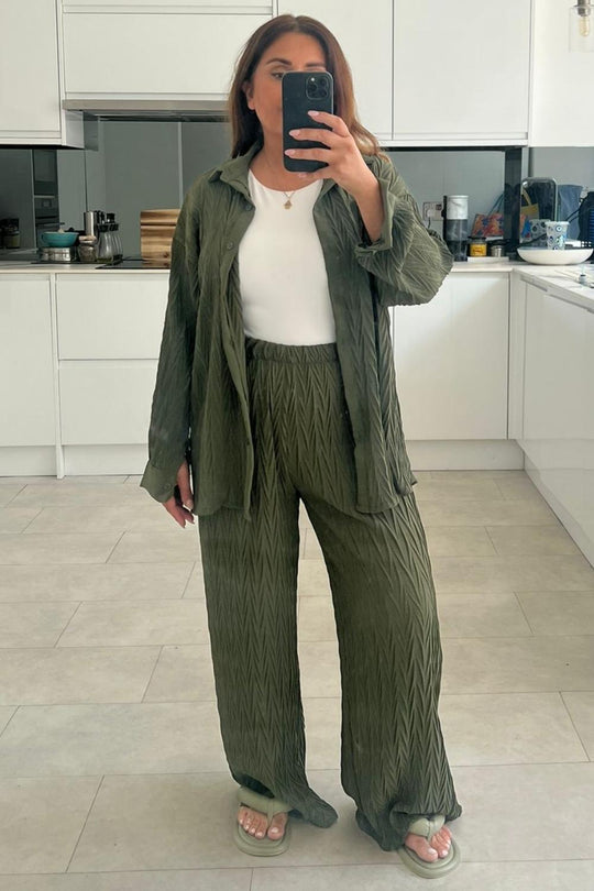 Amiyah Khaki Crinkle Shirt Co ord Set