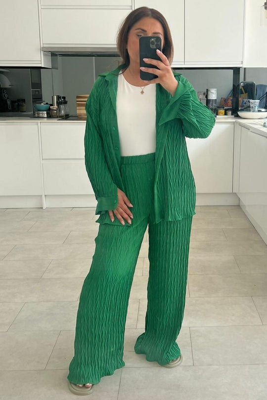 Amiyah Green Crinkle Shirt Co ord Set