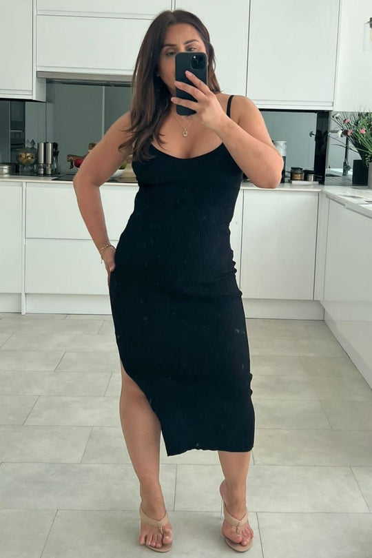 Yasmine Ribbed Black Midi Dress