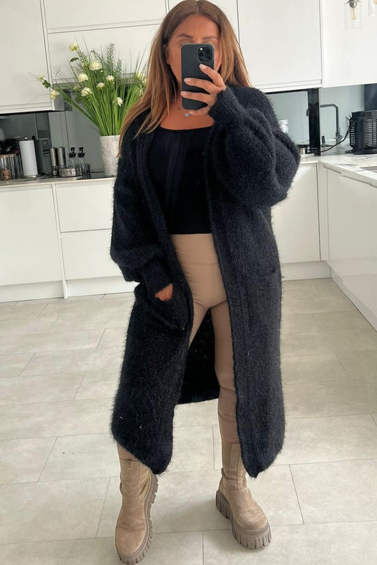 Violet Black Fluffy Glitter Balloon Sleeve Cardigan