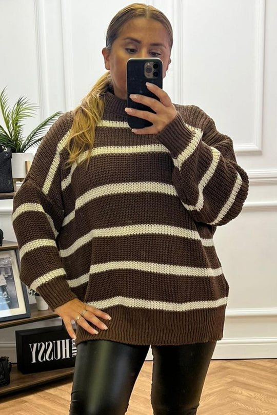 Poppy Brown Stripe Cable Knit Jumper