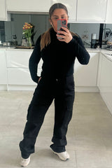 Black Pocket Detail Stretch Straight Leg Cargo Trousers-Laura