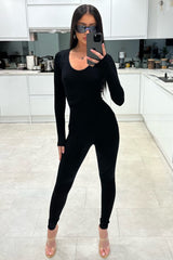 Black Long Sleeve Ribbed Unitard Jumpsuit-Maya
