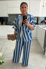 Harmony Blue Stripe Pleated Shirt Co ord Set