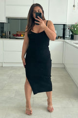 Yasmine Ribbed Black Midi Dress