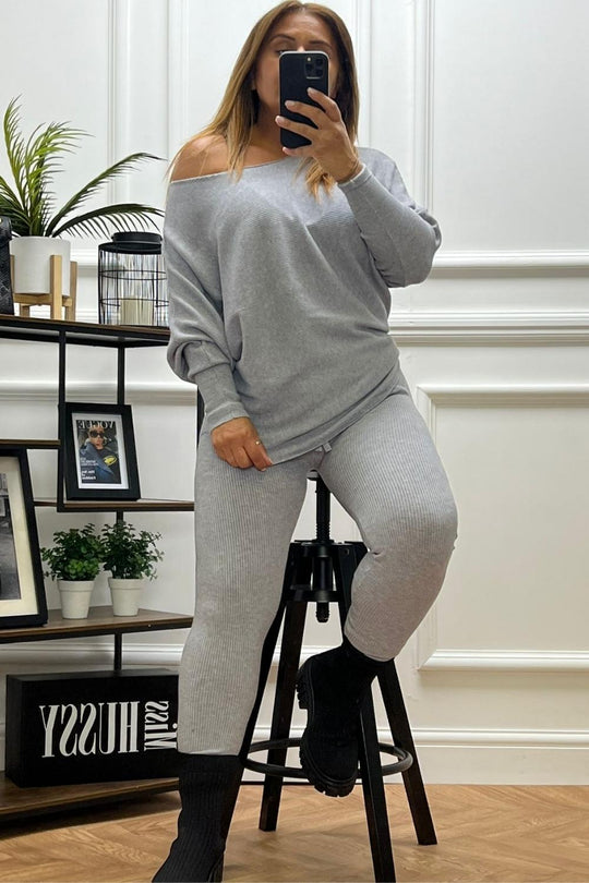 Ensley Grey Ribbed Fine Knit Loungewear Co-Ord set