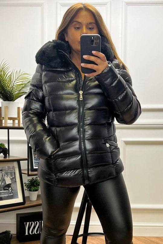 Soraya Black Padded High Shine Puffer Coat