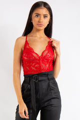 Kendra Red Lace Cross Back Bodysuit 