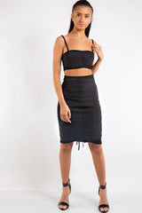 Aleah Black Ruched Slinky Crop Top Midi Skirt Co-ord