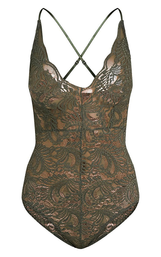 Kendra Khaki Lace Cross Back Bodysuit