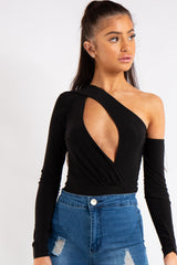 Megan Black Keyhole Front One Shoulder Bodysuit
