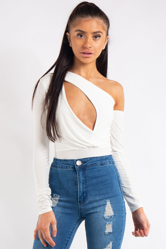 Megan White Keyhole Front One Shoulder Bodysuit