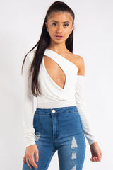 Megan White Keyhole Front One Shoulder Bodysuit