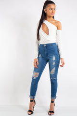 Megan White Keyhole Front One Shoulder Bodysuit