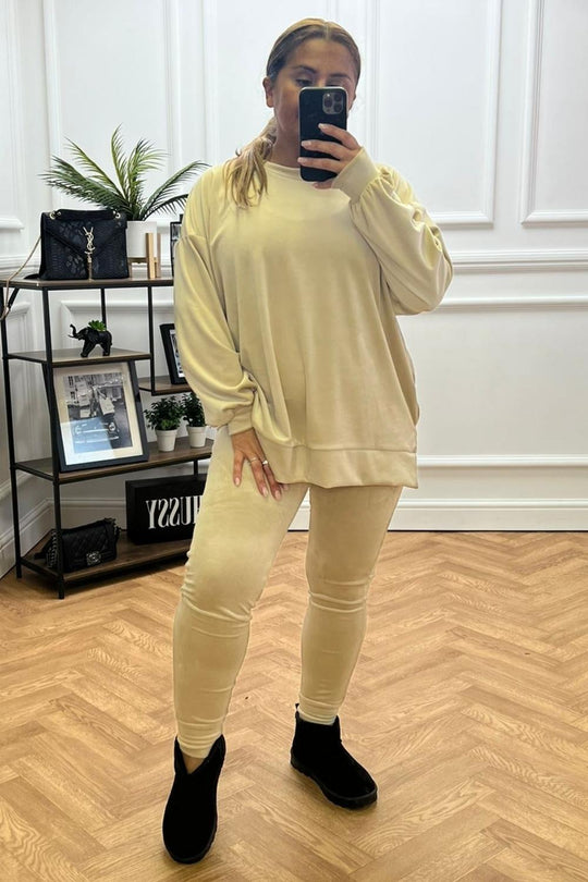 Evelyn Beige Velour Loungewear Set