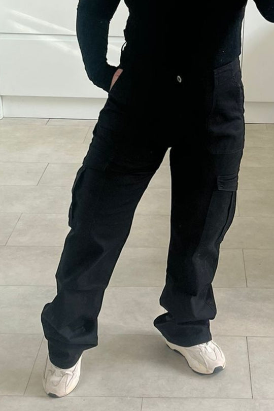 Black Pocket Detail Stretch Straight Leg Cargo Trousers-Laura