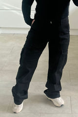 Black Pocket Detail Stretch Straight Leg Cargo Trousers-Laura