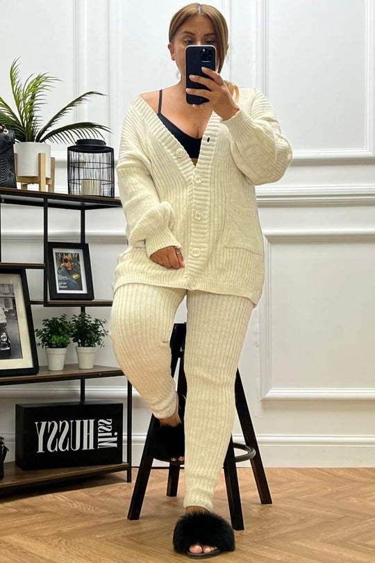 Zoie Beige Knitted Cardigan Loungewear Set