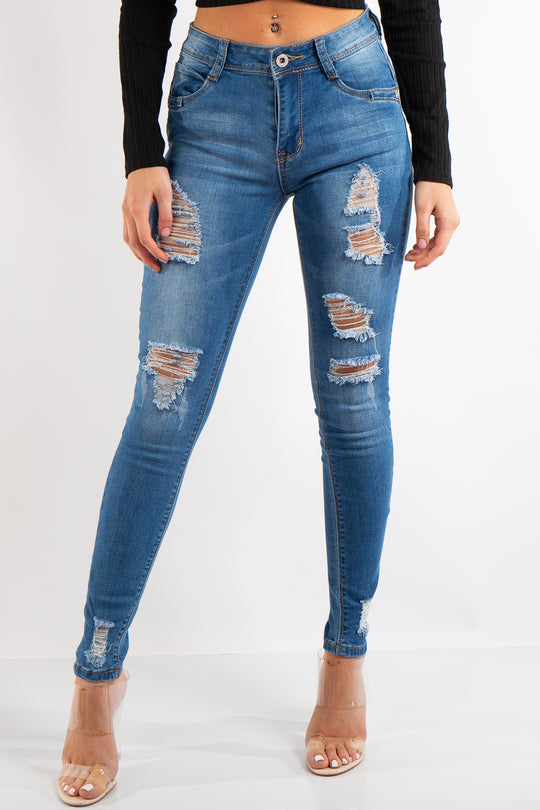 Gia Blue Mid Wash Denim Distressed Skinny Jeans