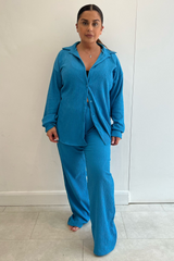 Lucy Blue Crinkle Crepe Co-ord Shirt Trouser Set
