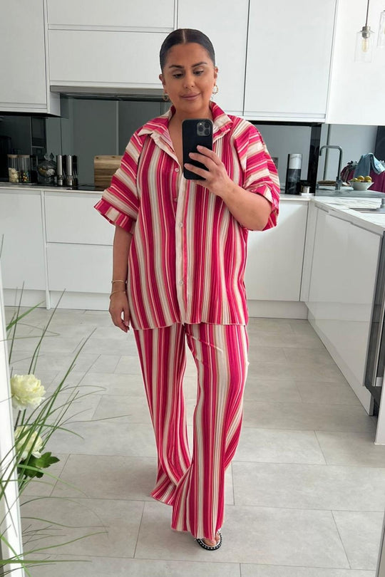Harmony Pink Stripe Pleated Shirt Co ord Set