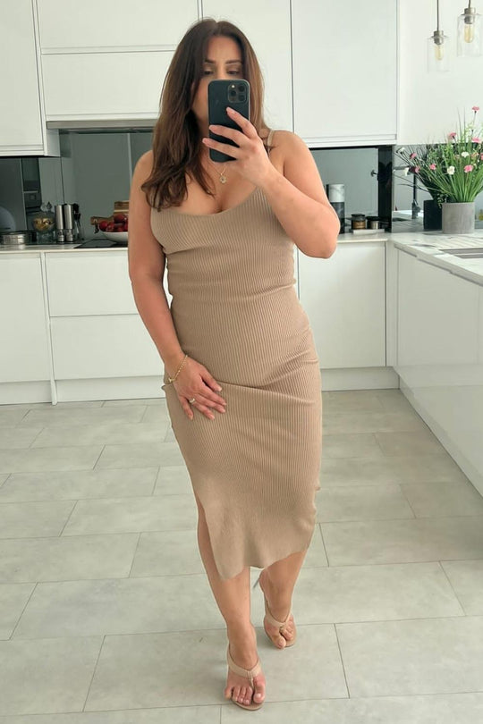 Yasmine Ribbed Taupe Midi Dress
