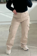Beige Pocket Detail Stretch Straight Leg Cargo Trousers-Laura