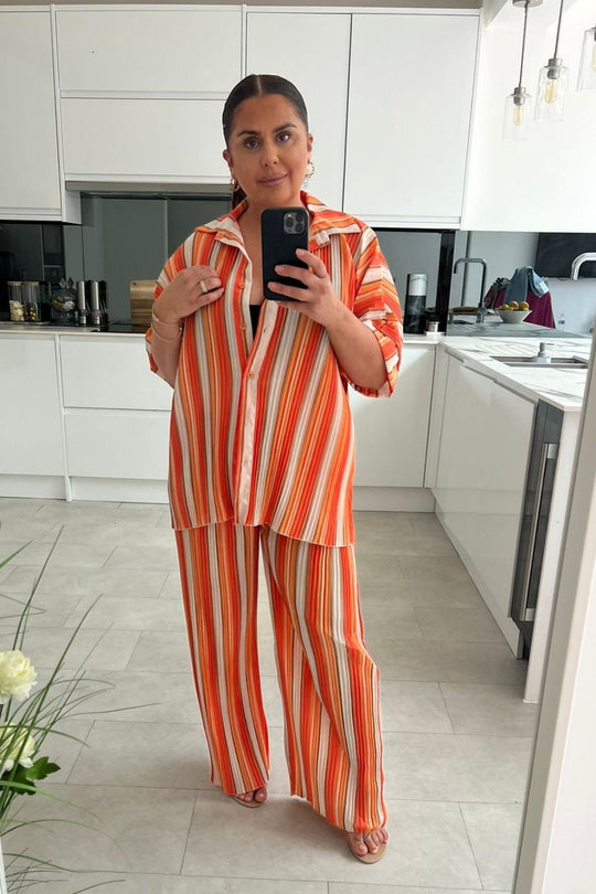 Harmony Orange Stripe Pleated Shirt Co ord Set