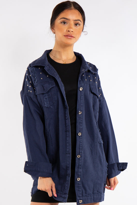 Joanna Blue Long Stud Distressed Denim Jacket