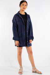 Blue Long stud Distressed Denim Jacket