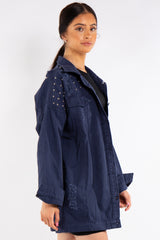 Blue Long stud Distressed Denim Jacket