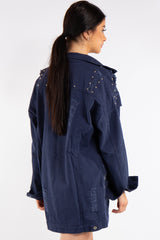 Blue Long stud Distressed Denim Jacket