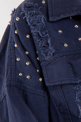 Blue Long stud Distressed Denim Jacket