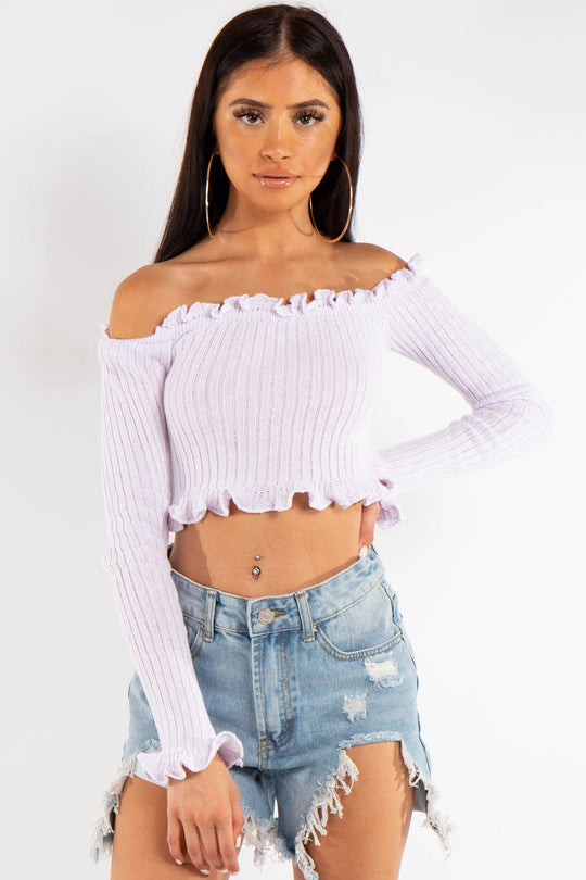 Jasmine Lilac Bardot Knitted Crop Top