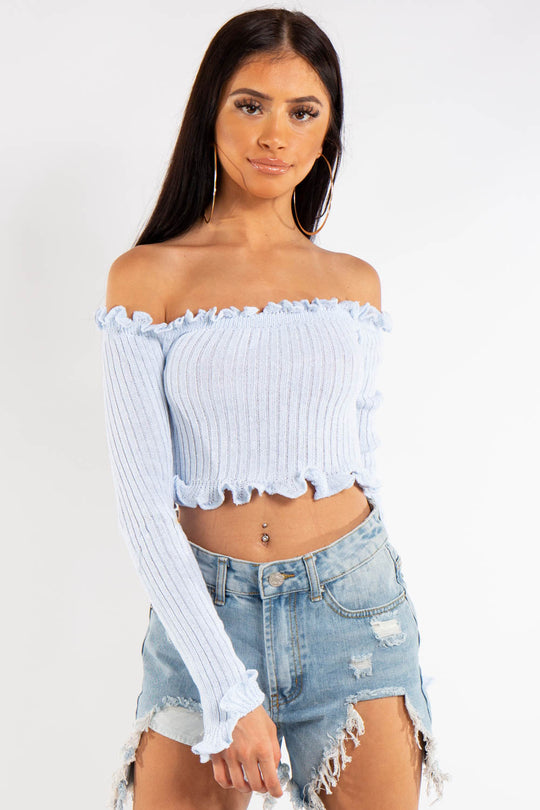 Jasmine Sky Blue Bardot Knitted Crop Top