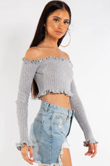 Grey Bardot Knitted Crop Top
