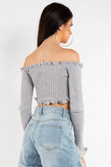 Grey Bardot Knitted Crop Top