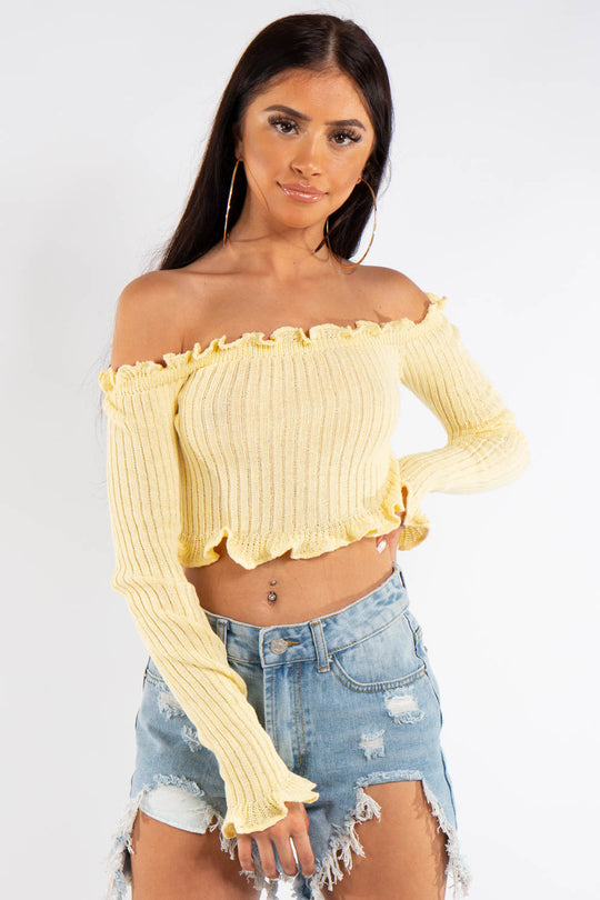 Jasmine Yellow Bardot Knitted Crop Top