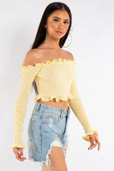 Yellow Bardot Knitted Crop Top Miss Hussy