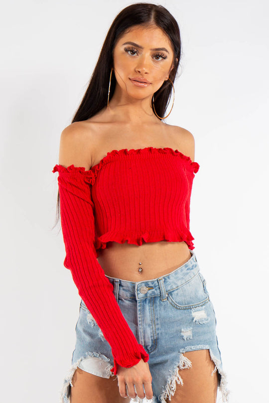 Jasmine Red Bardot Knitted Crop Top