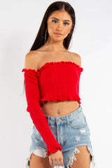 Red Bardot Knitted Crop Top