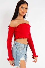 Red Bardot Knitted Crop Top