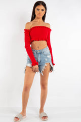 Red Bardot Knitted Crop Top
