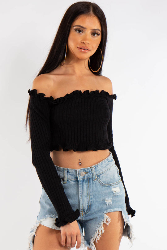 Jasmine Black Bardot Knitted Crop Top