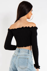 Black Bardot Knitted Crop Top