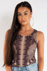 Tan Mesh Printed Bodysuit