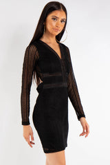 Black Lace long Sleeve V Front Dress   