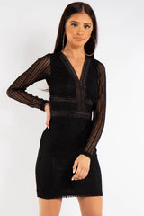 Black Lace long Sleeve V Front Dress   
