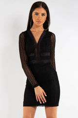 Black Lace long Sleeve V Front Dress   