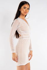 White Lace Long Sleeve V Front Dress   
